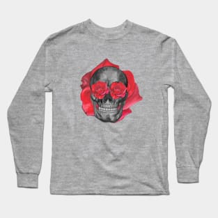 Human skull with red roses Long Sleeve T-Shirt